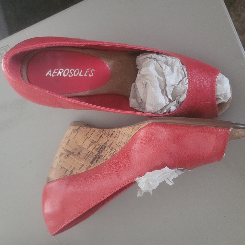 AEROSOLES Red Peep-Toe Wedge Heels